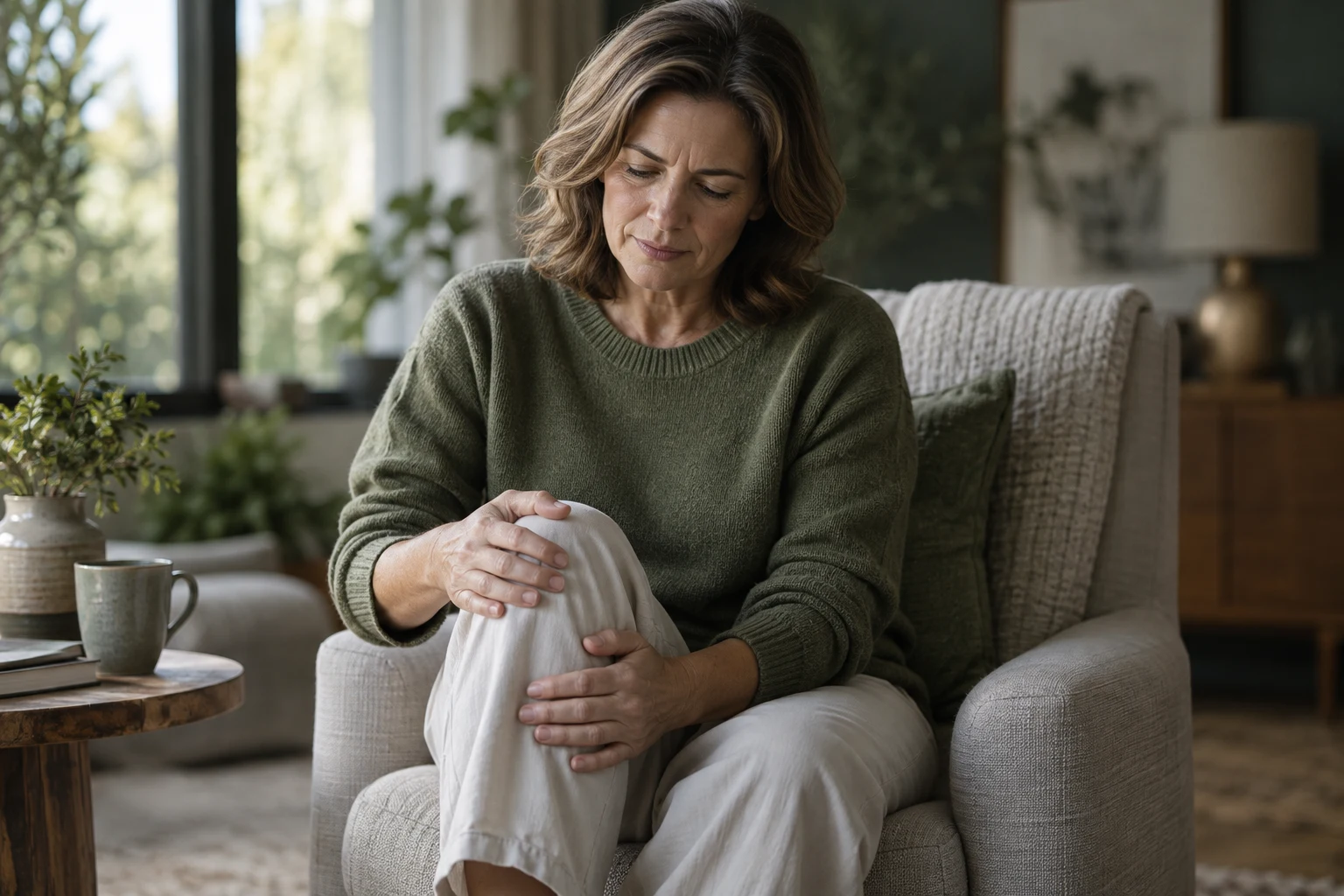 Mujer que sostiene su rodilla