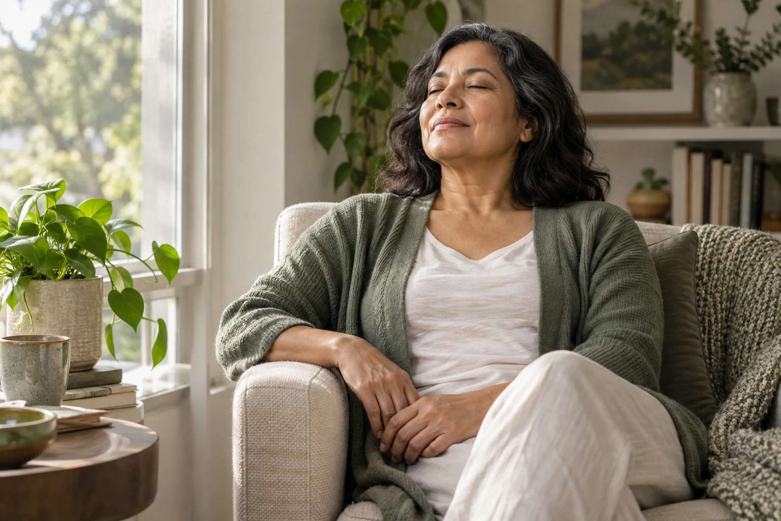 Mujer respirando tranquilamente junto a la ventana